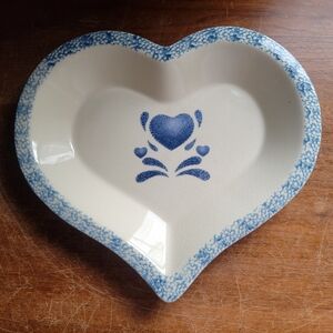 VTG Blue Spatter Sponge Stoneware Heart Shape Pie Pan or Shallow Bowl 12"